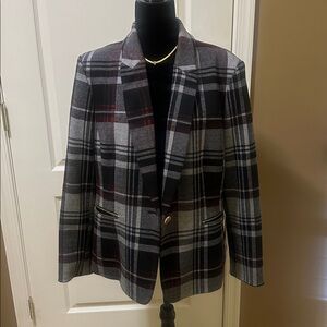 Tahari Plaid Blazer with Button Detail